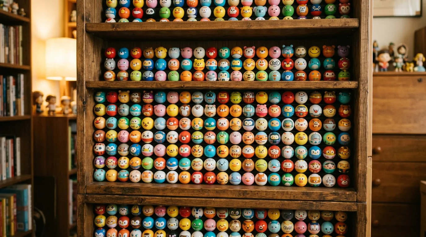 Étagère de collectionneur avec figurines billes présentées