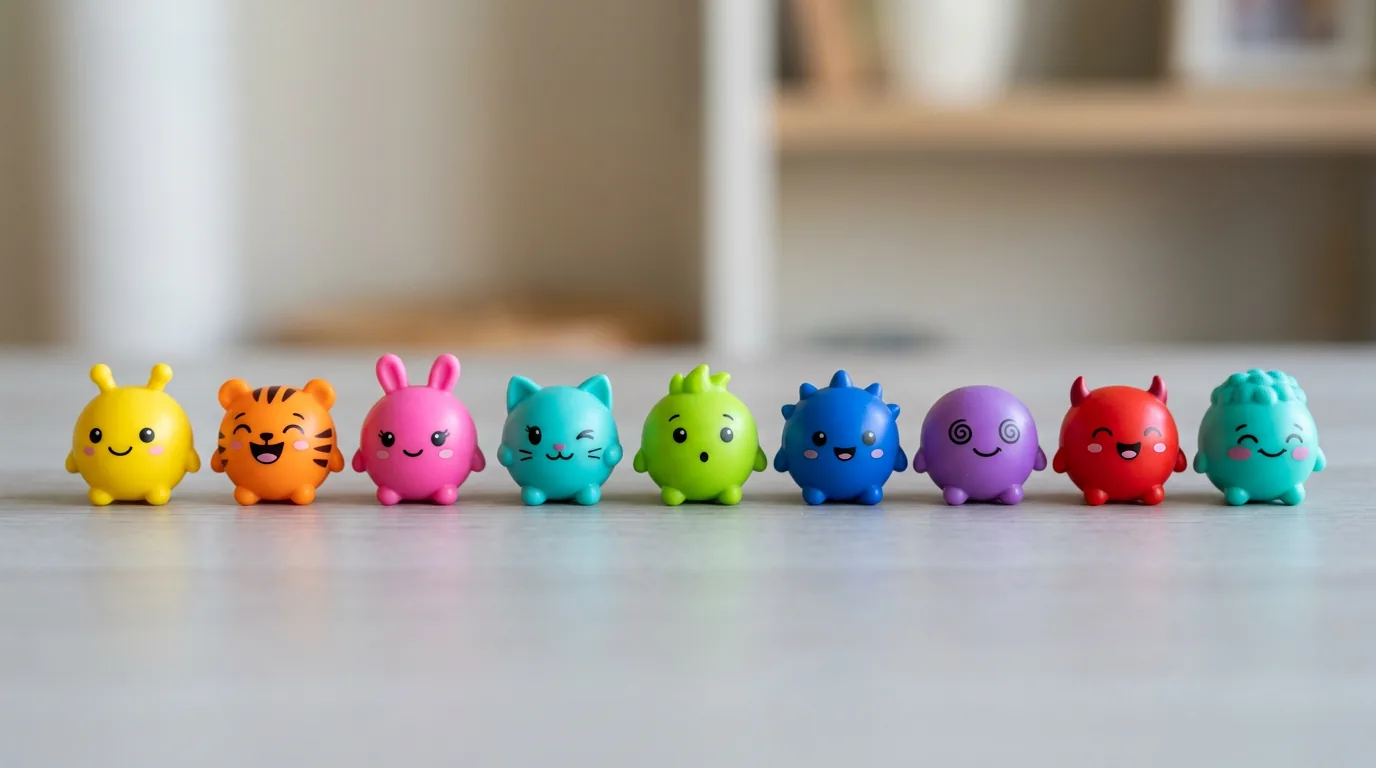 Figurines miniatures colorées alignées sur surface neutre