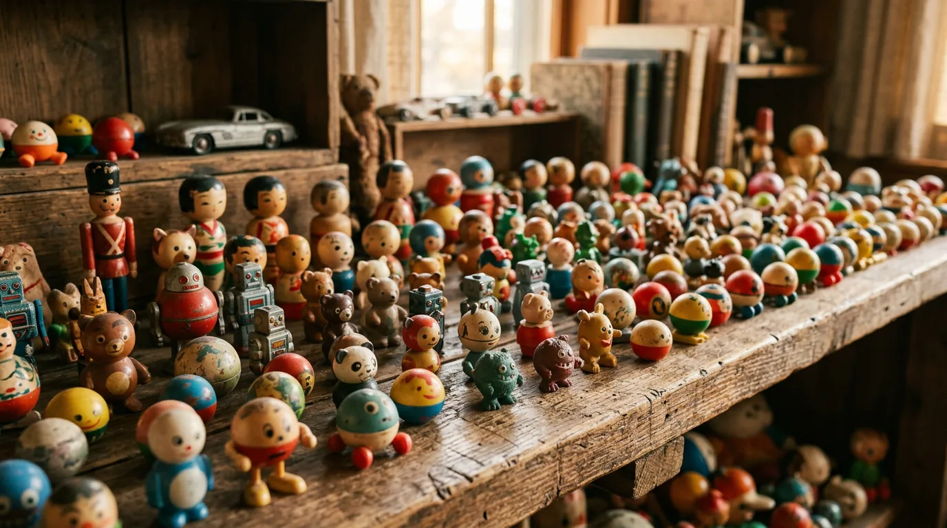 Collection ancienne de figurines billes sur plateau en bois