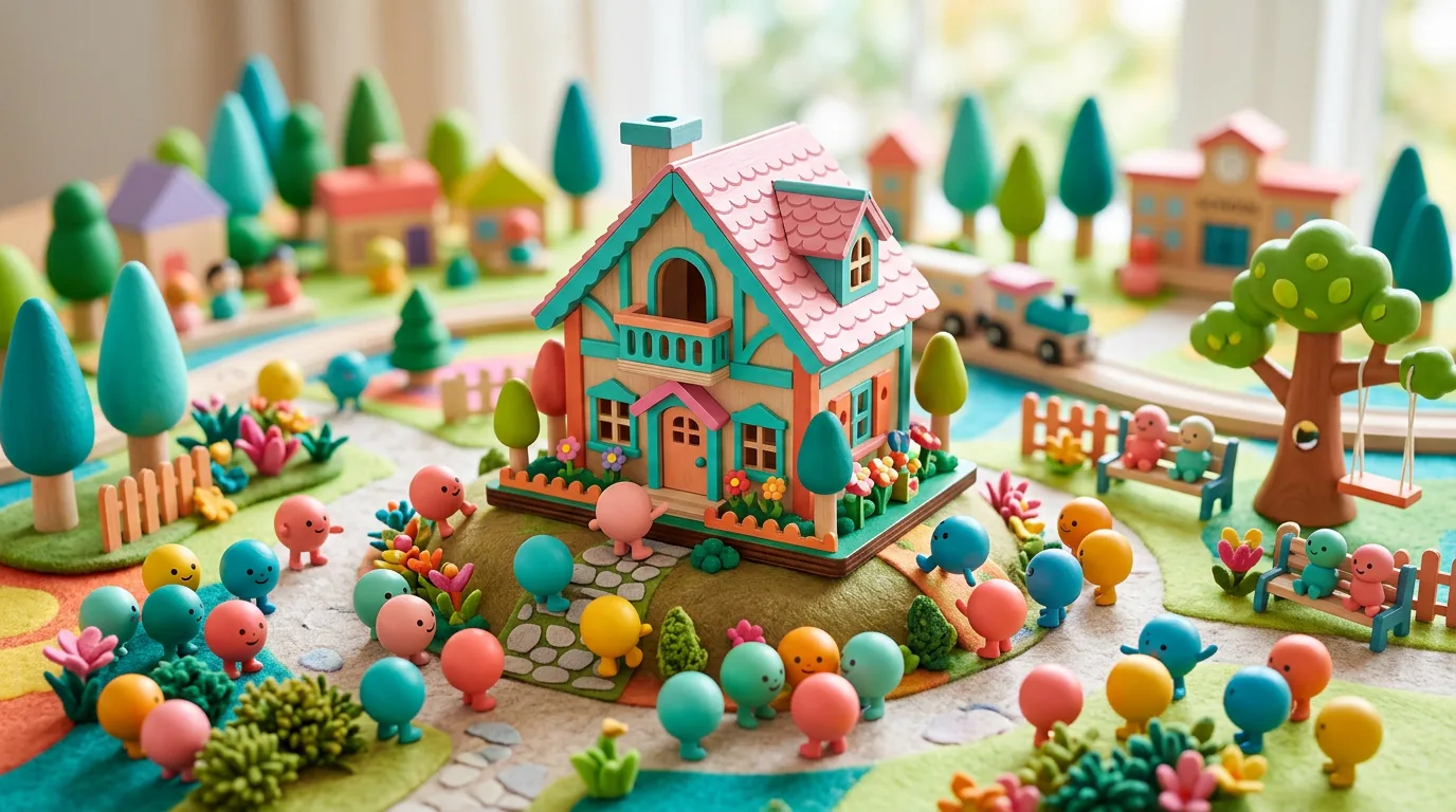 Mini maison jouet avec figurines billes colorées en scène