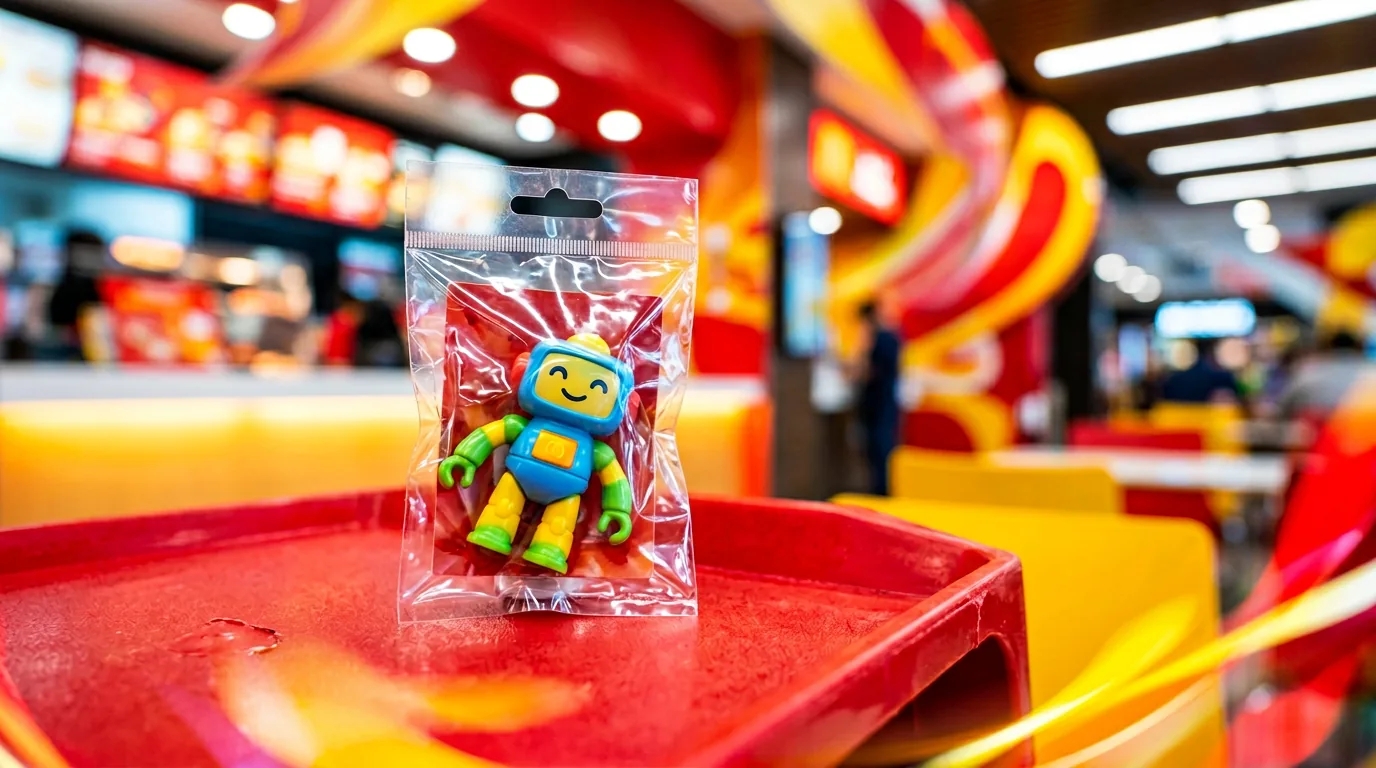 Jouet promotionnel emballage fast-food coloré sur fond neutre