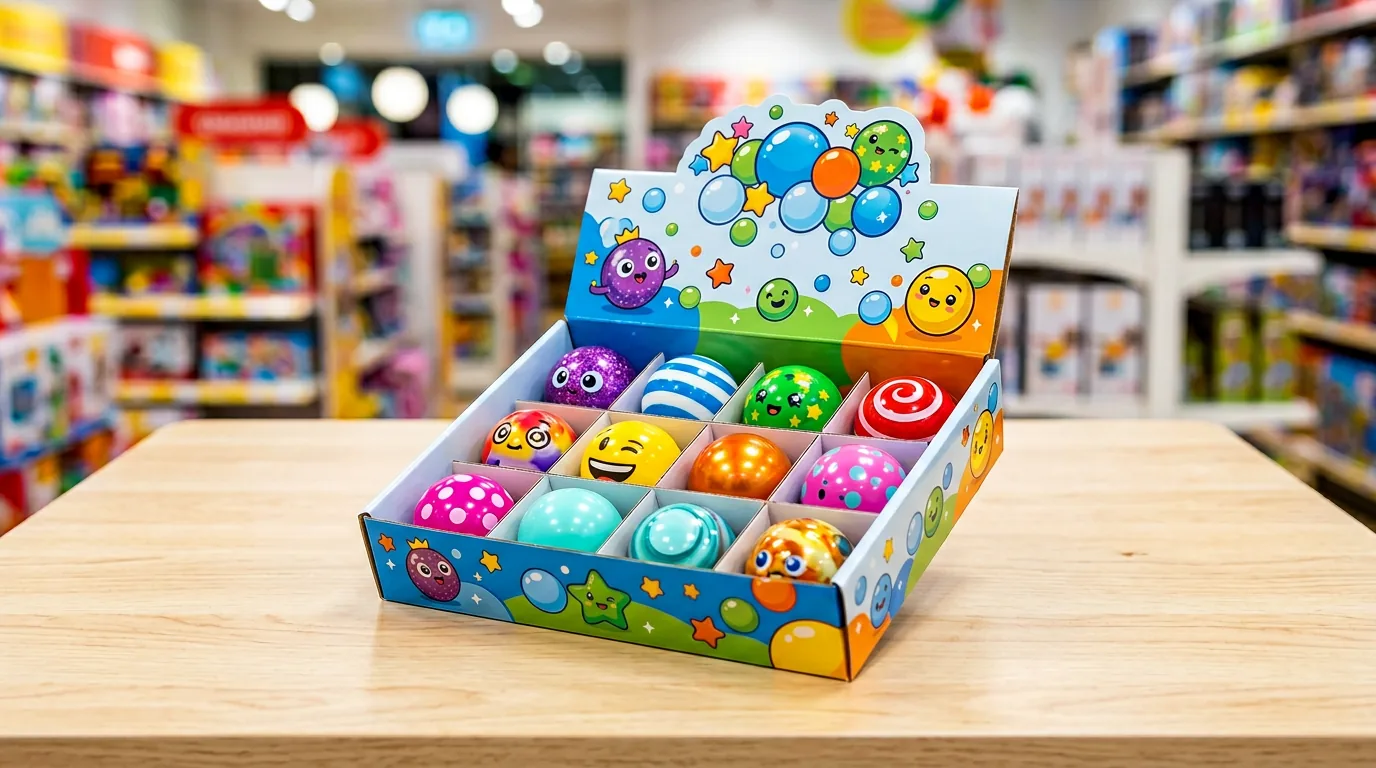 Boîte multipack de figurines billes colorées sur table