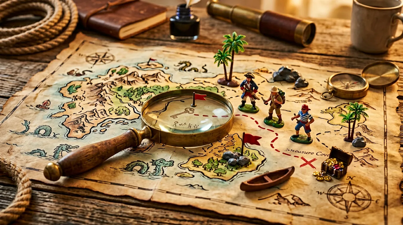 Carte et loupe sur table symbolisant la recherche de jouets