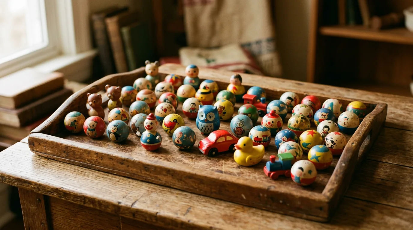 Collection ancienne de petites billes jouets sur plateau